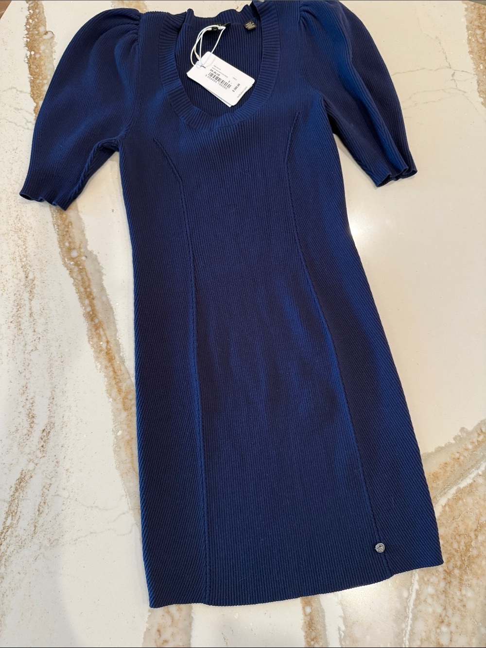 Ted Baker Navy Ribbed Midi Dress with Puff Sleeves